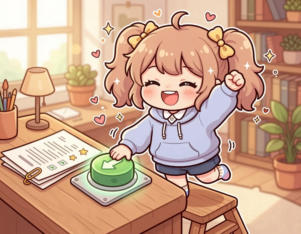 환불 양식을 제출하며 안도하는 캐릭터