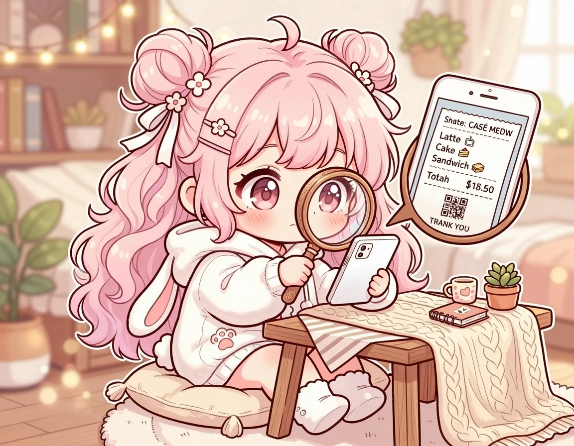 스마트폰 게임 결제 영수증을 돋보기로 확인하는 캐릭터