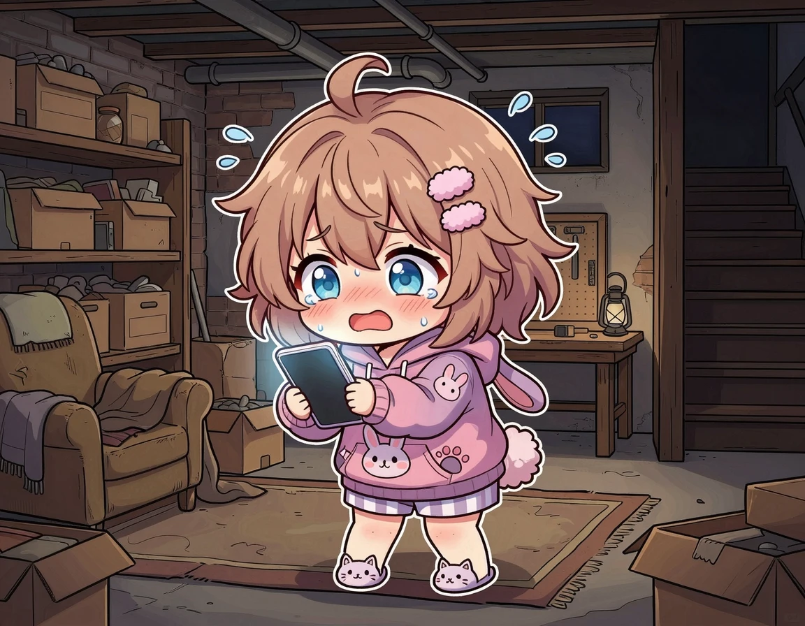 지하실에서 핸드폰 통화가 안 터져 당황하는 귀여운 캐릭터