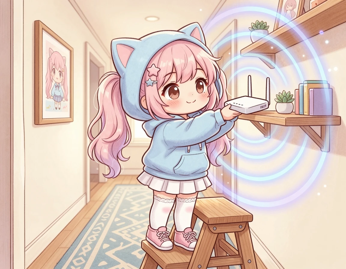 복도에 메시 와이파이 노드를 설치하는 귀여운 캐릭터