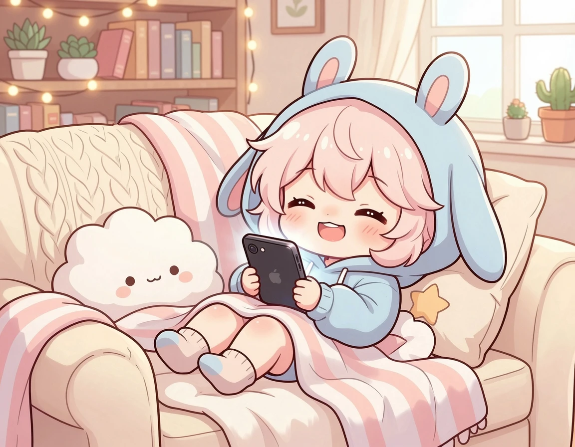 100메가가 아닌 500메가로 변경 후 소파에서 편안하게 스마트폰으로 영상을 시청하는 캐릭터