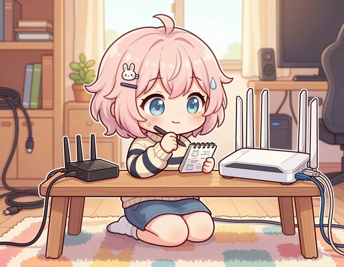 두 개의 인터넷 공유기를 비교하며 생각하는 귀여운 캐릭터