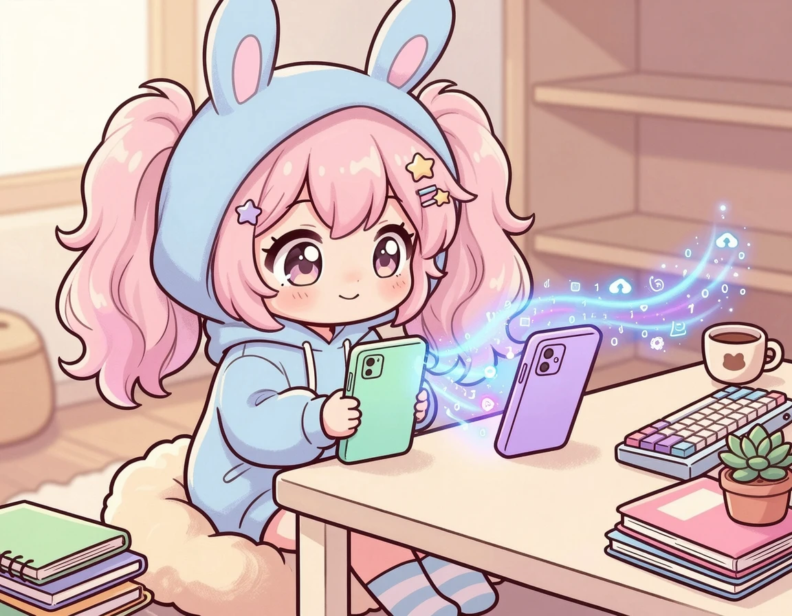 두 대의 스마트폰을 놓고 기기변경을 위해 데이터 이동을 준비하는 귀여운 캐릭터