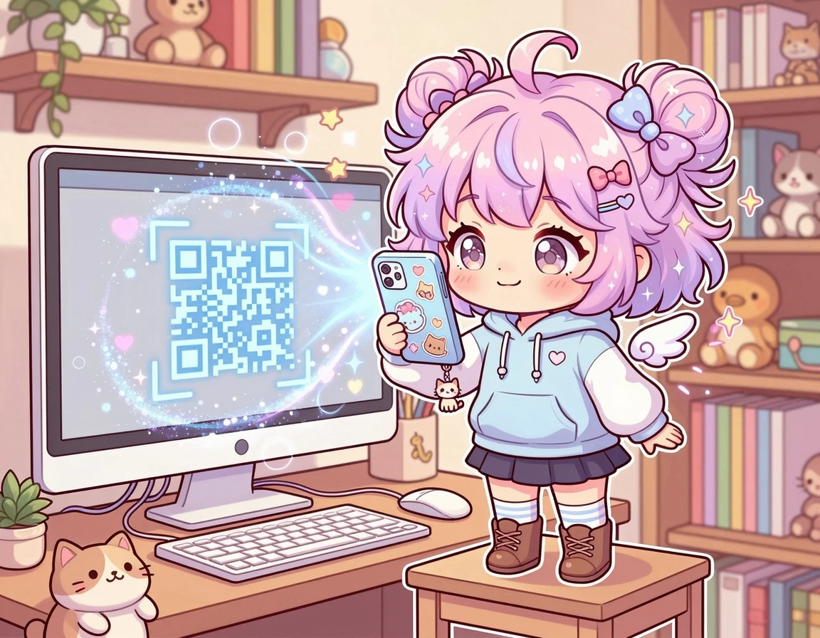 새 스마트폰으로 모니터의 QR 코드를 스캔하는 캐릭터