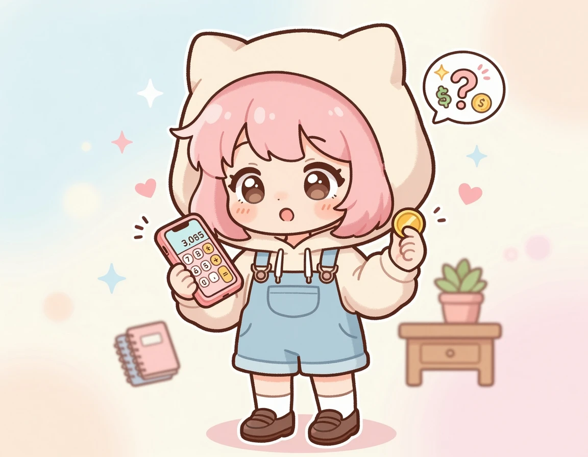 스마트폰과 동전을 들고 비용을 계산하는 귀여운 캐릭터