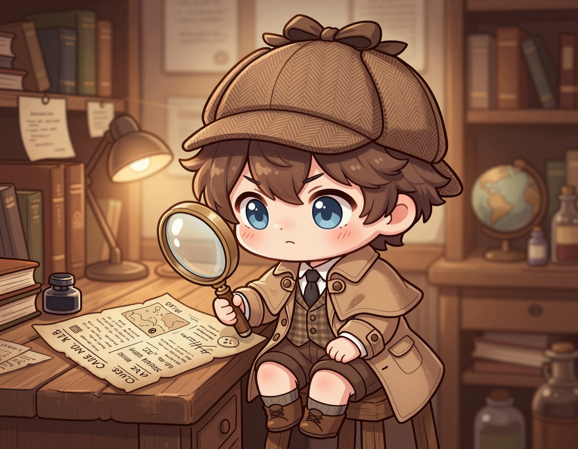 사기 업체를 조심스럽게 확인하는 탐정 캐릭터