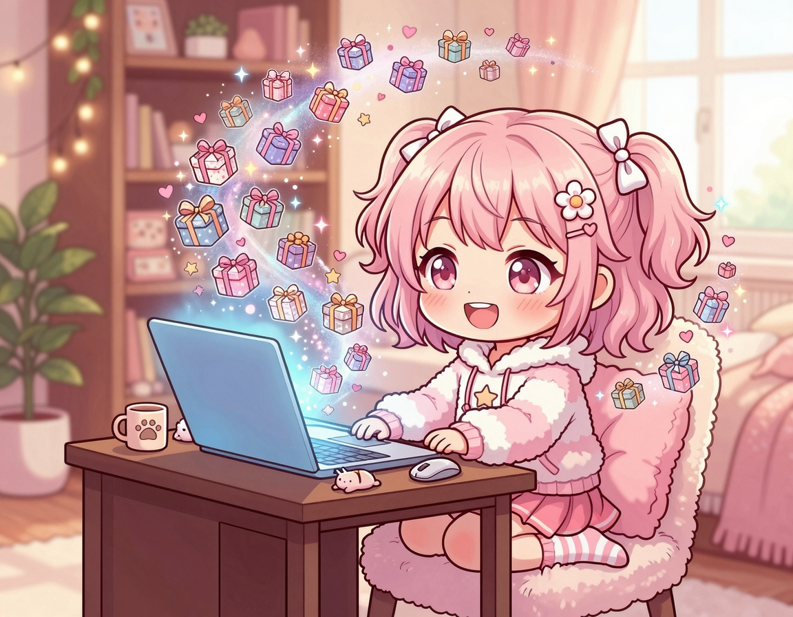 노트북으로 통신사 사은품 혜택을 비교하는 캐릭터