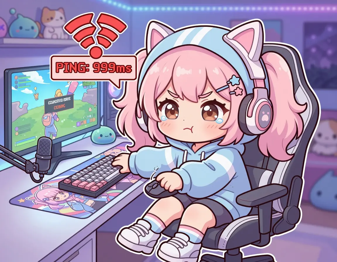 핑이 튀어서 화가 난 귀여운 게이머 캐릭터