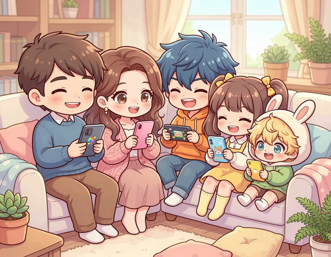 가족 결합 할인을 받아 즐거워하는 가족 캐릭터들