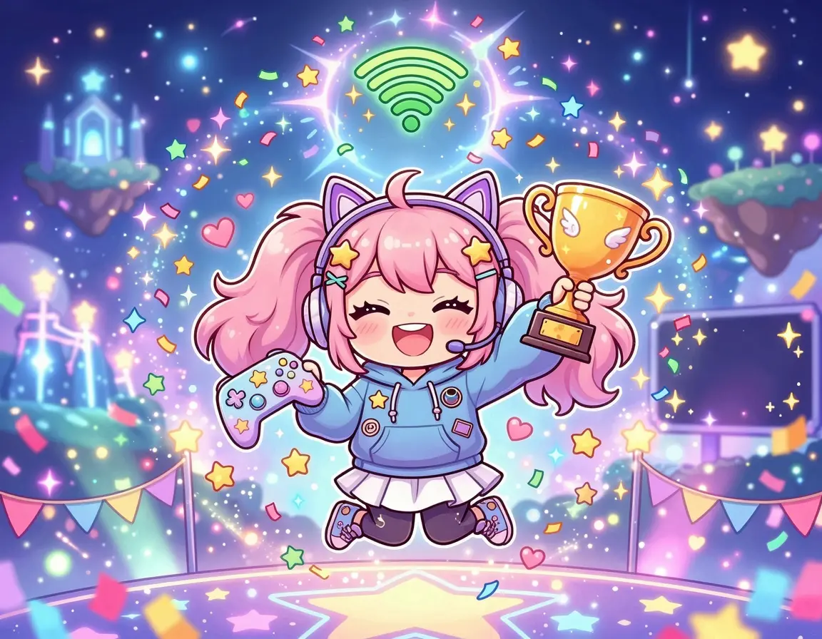 낮은 핑으로 승리하여 기뻐하는 게이머 캐릭터