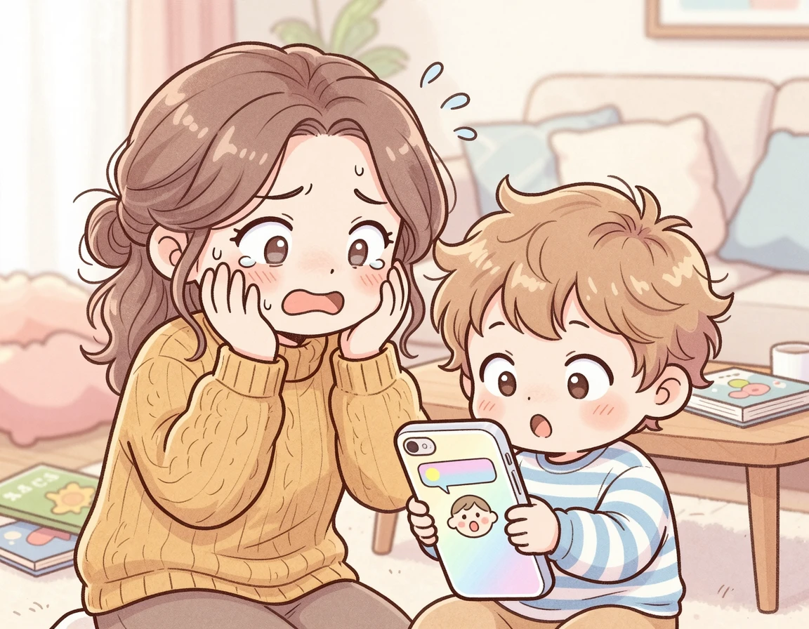 당황한 부모와 스마트폰을 들고 있는 아이 모습