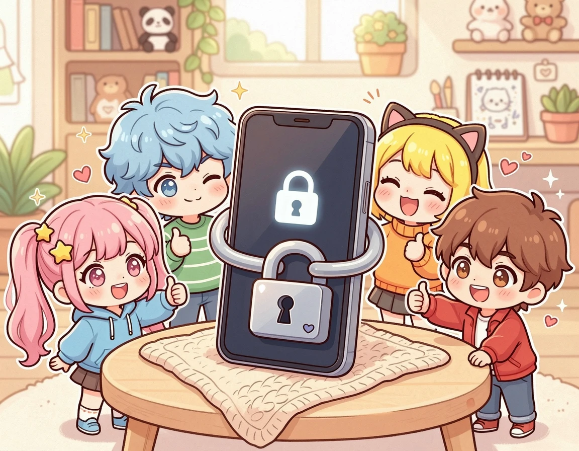 자물쇠로 잠긴 스마트폰과 엄지를 치켜든 캐릭터