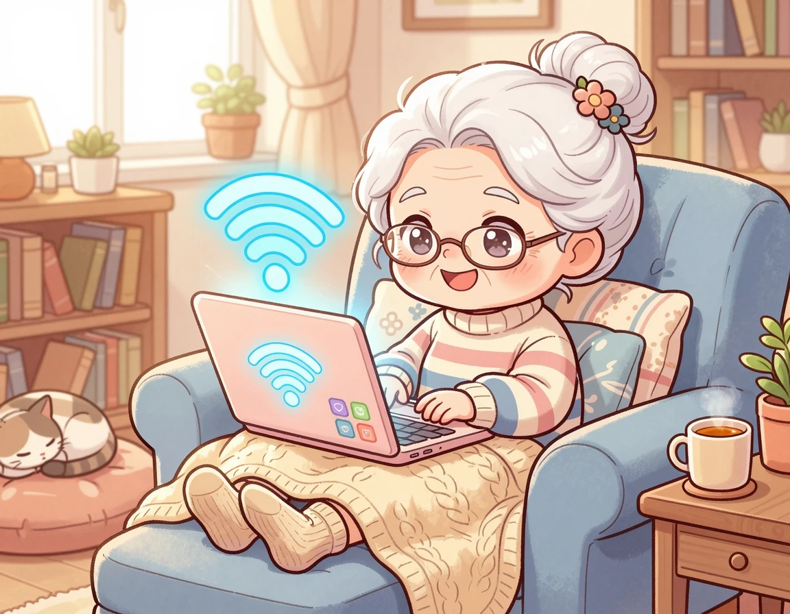 집에서 와이파이로 인터넷을 즐기는 어르신 일러스트