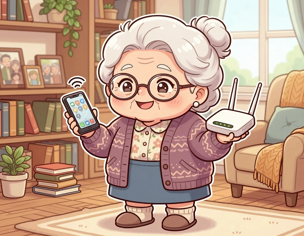 스마트폰과 공유기를 들고 혜택을 고민하는 어르신 일러스트