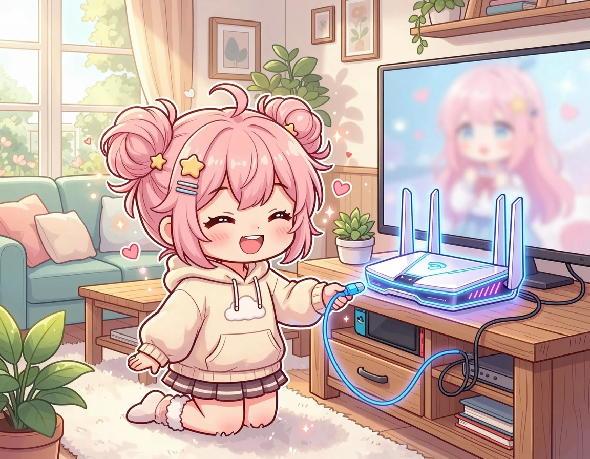 거실 TV 장식장 위에 메인 공유기를 설치하는 모습