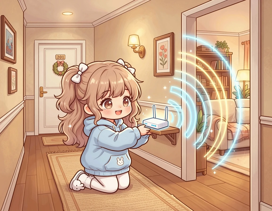 복도에 추가 공유기를 설치하여 신호를 확장하는 모습