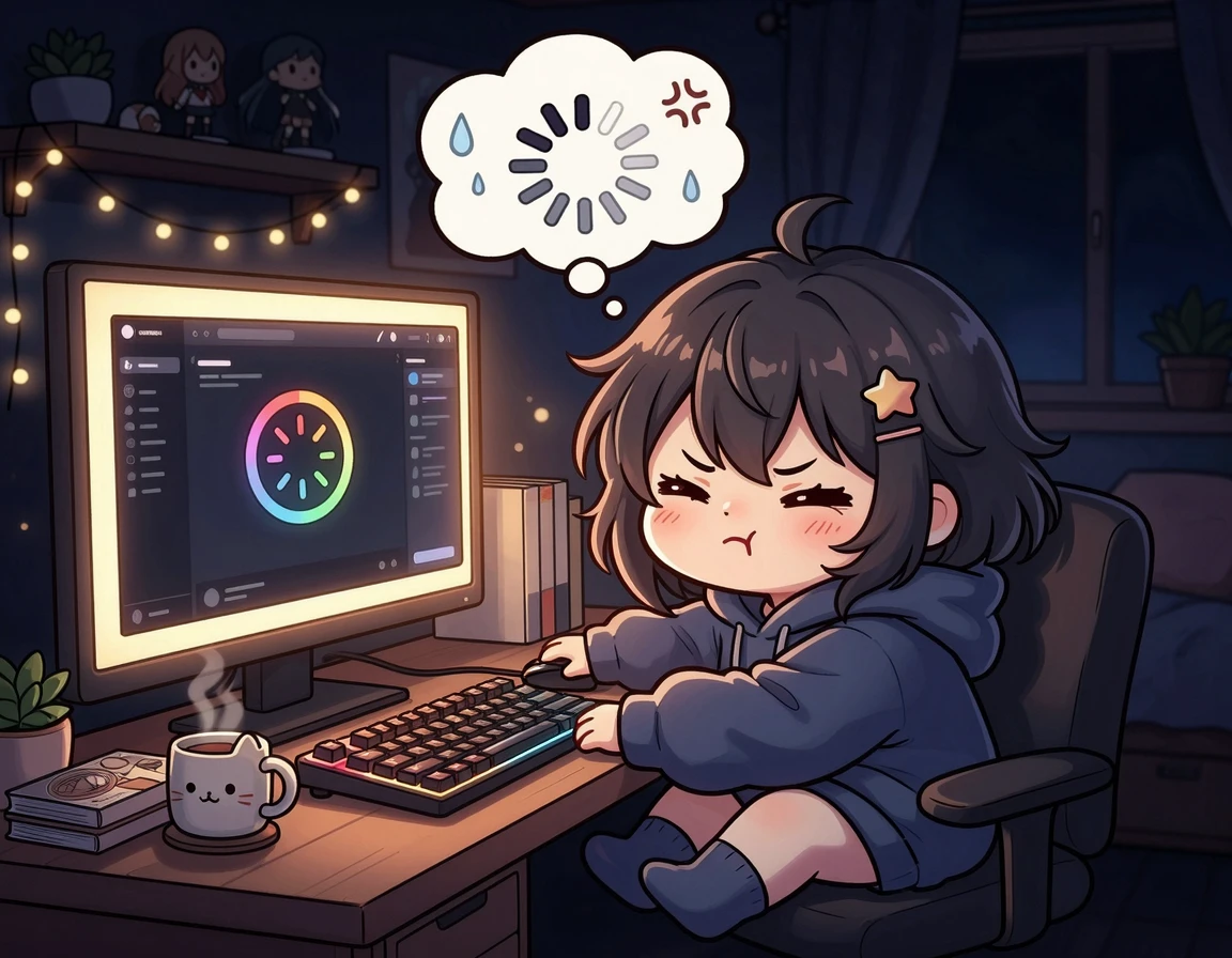 저녁 시간 인터넷 속도 저하로 답답해하는 캐릭터
