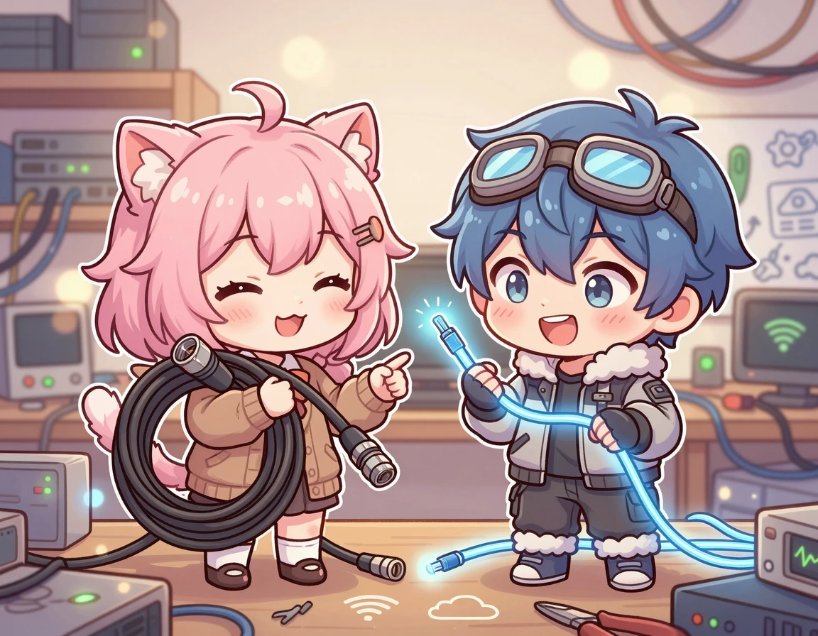 비대칭형 동축케이블과 대칭형 광케이블을 비교하는 모습