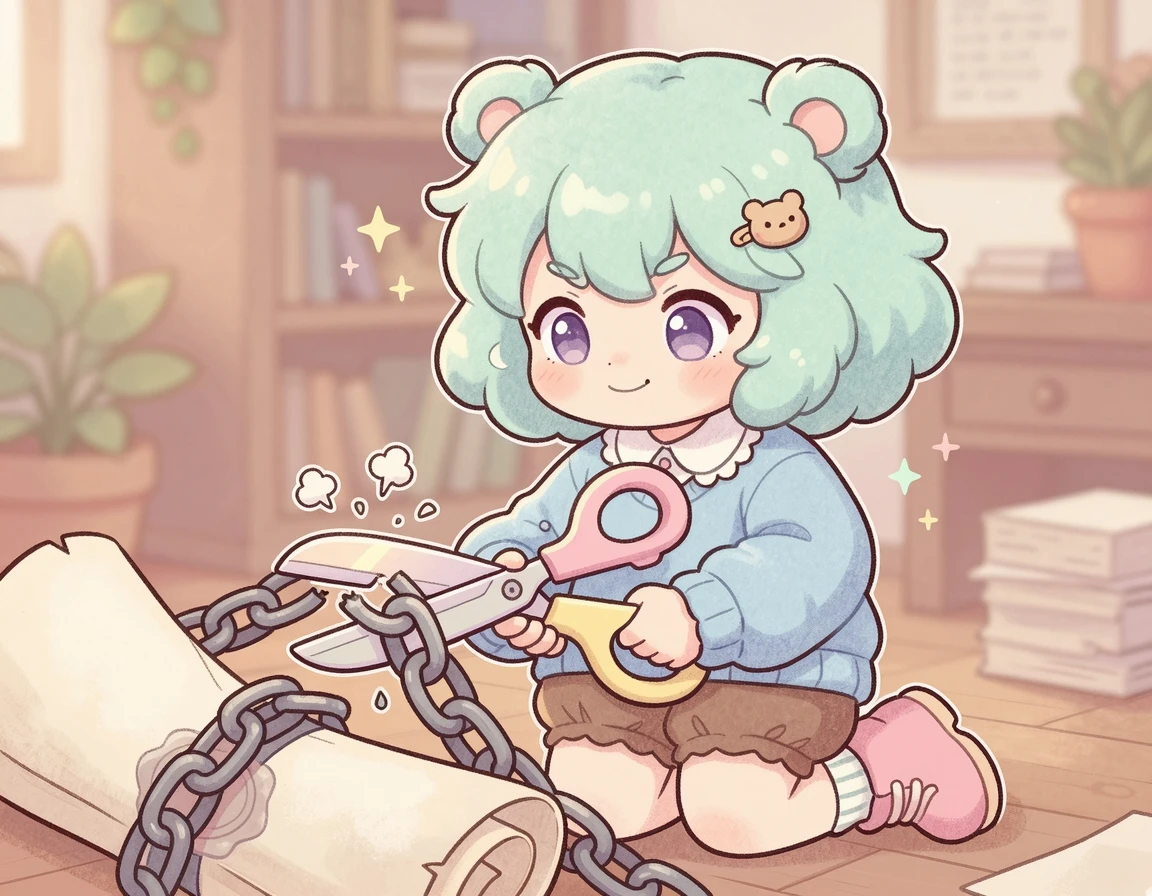 가위를 들고 무거운 사슬을 자르는 귀여운 SD 캐릭터