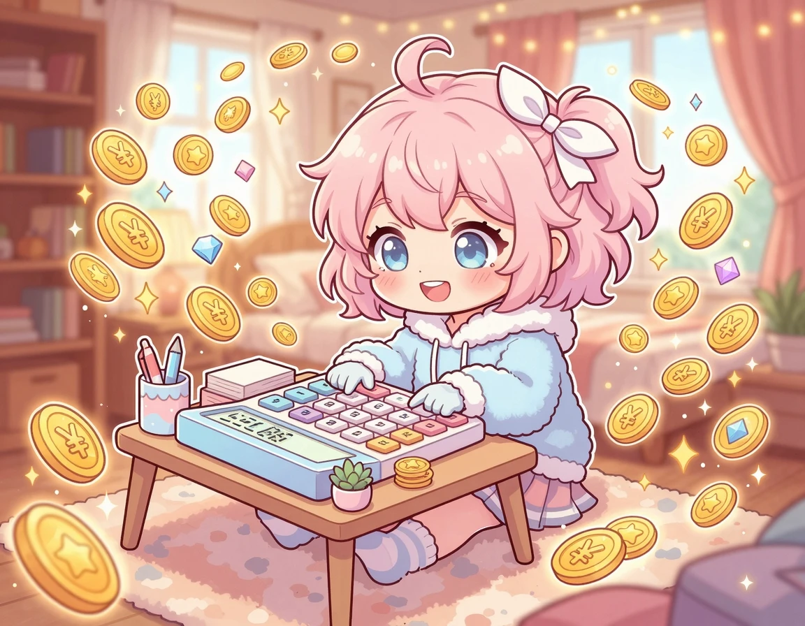 계산기를 두드리며 미소 짓는 SD 캐릭터와 동전들