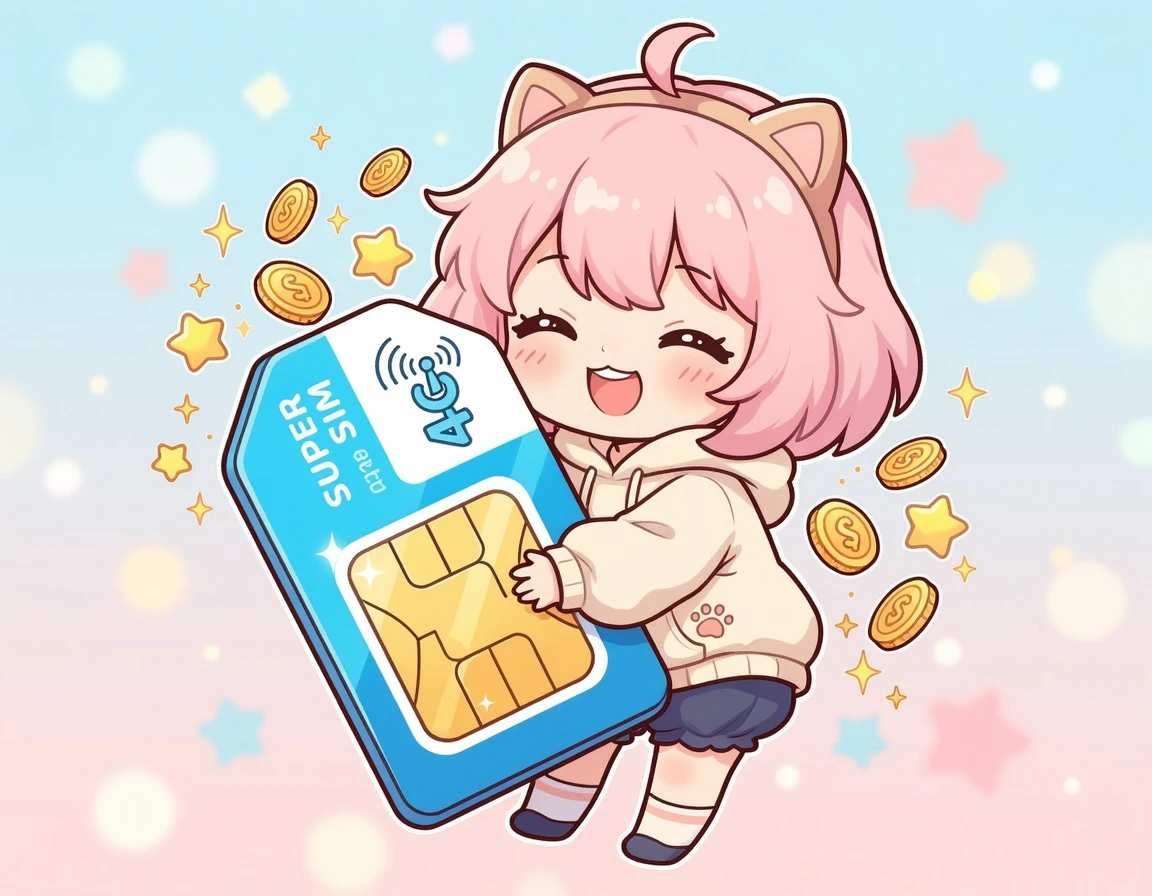 대형 유심칩과 동전을 들고 있는 귀여운 캐릭터
