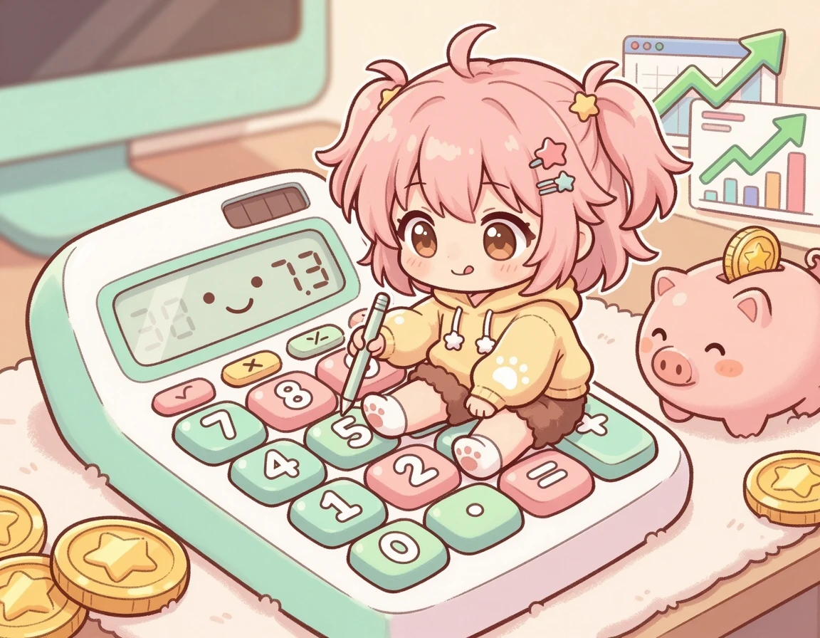 거대한 계산기로 통신비를 계산하며 기뻐하는 모습