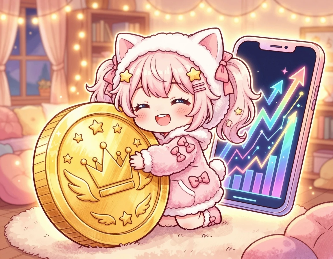 스마트폰과 금화를 안고 기뻐하는 캐릭터