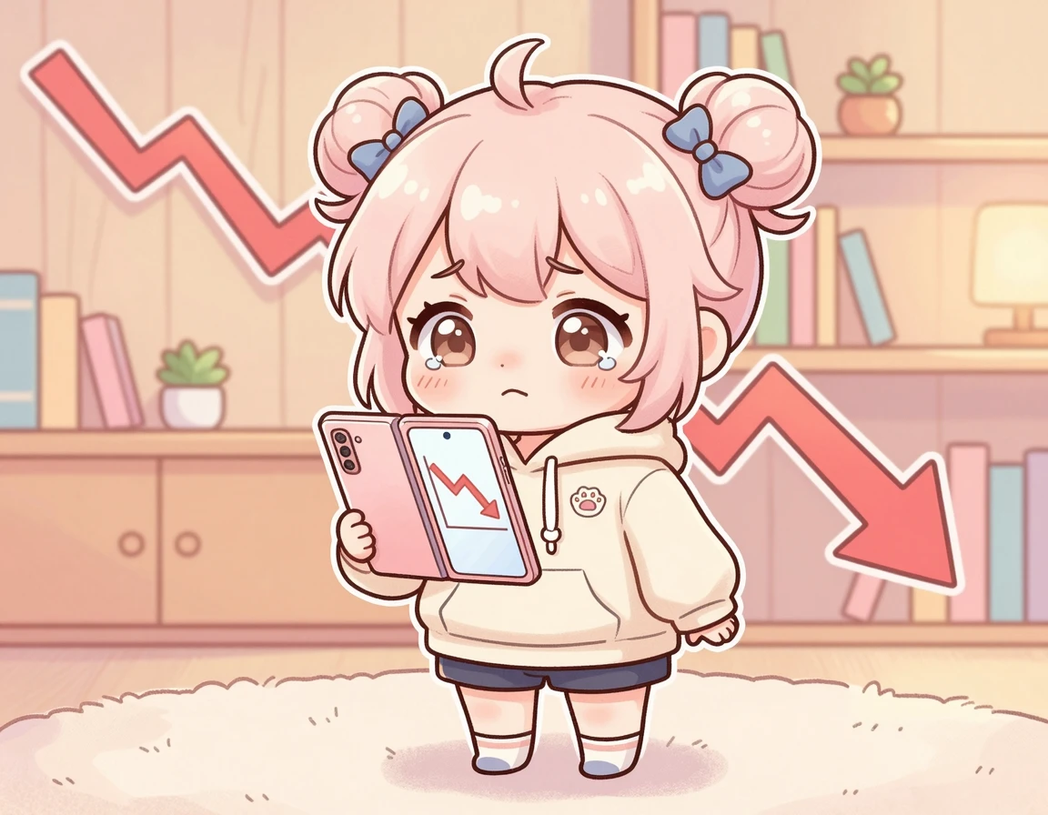 폴더블폰을 들고 걱정하는 캐릭터