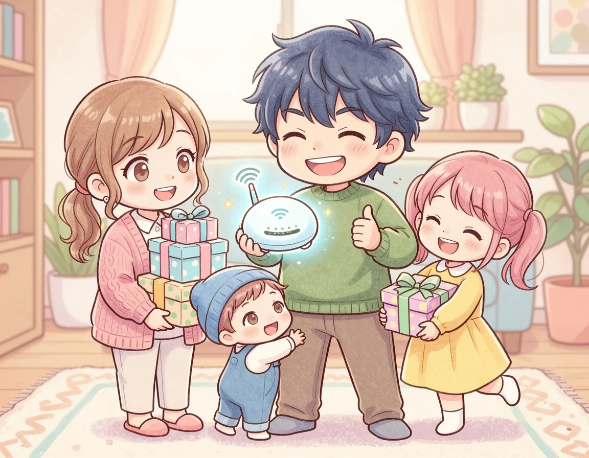 통신사 결합 혜택과 선물을 들고 기뻐하는 가족