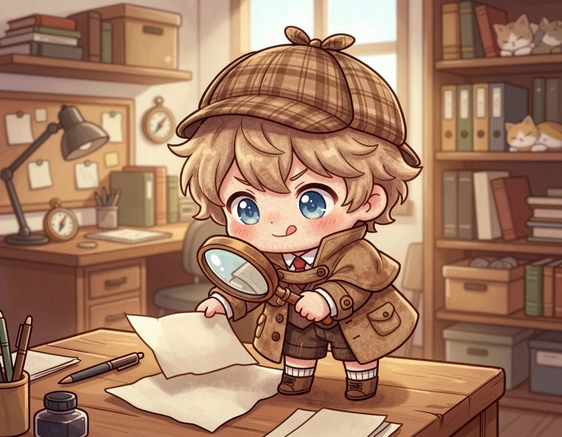 돋보기를 들고 서류를 꼼꼼히 확인하는 탐정 캐릭터
