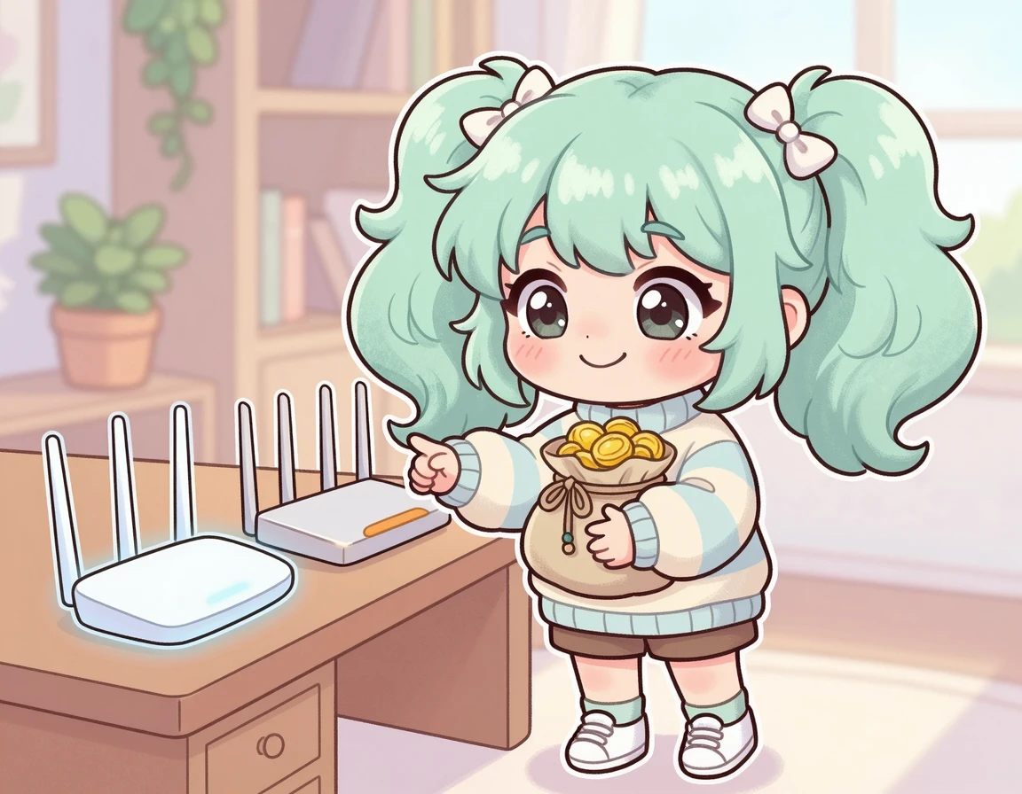 두 개의 공유기를 비교하며 동전 주머니를 들고 있는 캐릭터