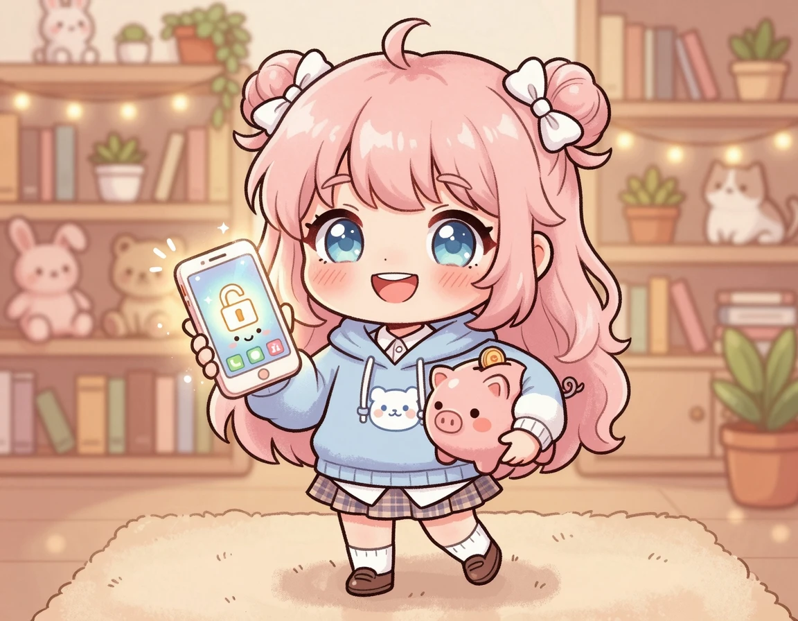 자급제 스마트폰과 돼지저금통을 든 캐릭터