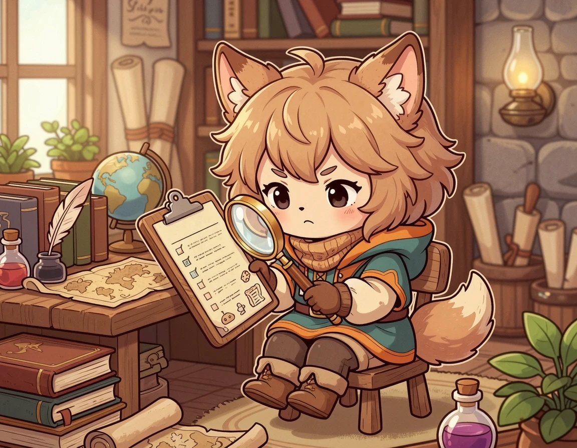 돋보기로 체크리스트를 꼼꼼히 확인하는 SD 캐릭터