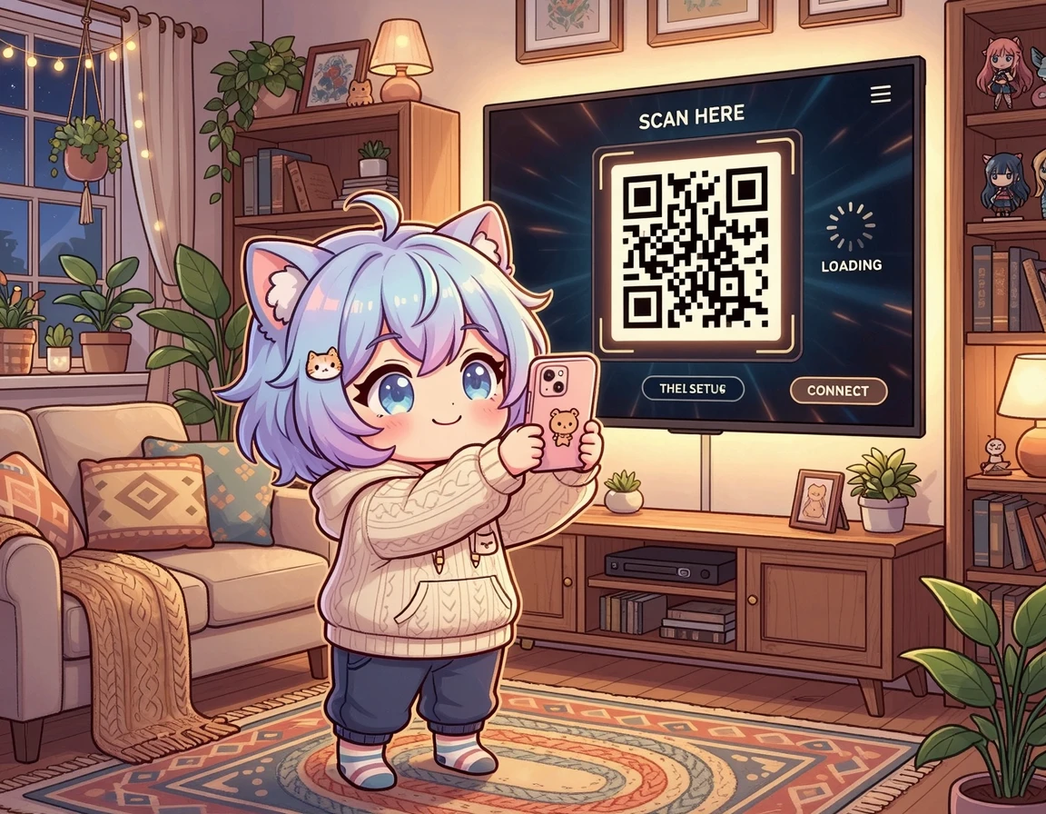 스마트 TV 화면의 QR 코드를 스마트폰으로 스캔하는 캐릭터