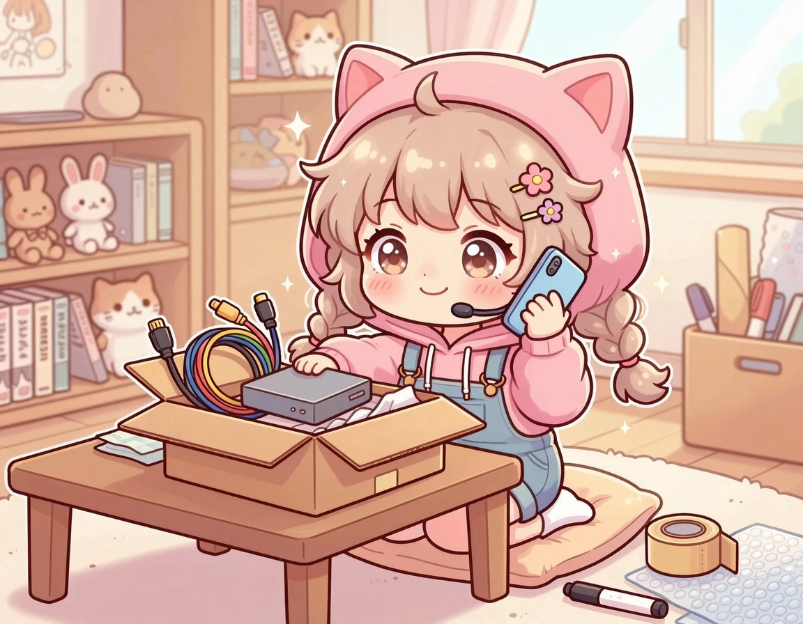 고객센터와 통화하며 셋톱박스를 상자에 포장하는 SD 캐릭터