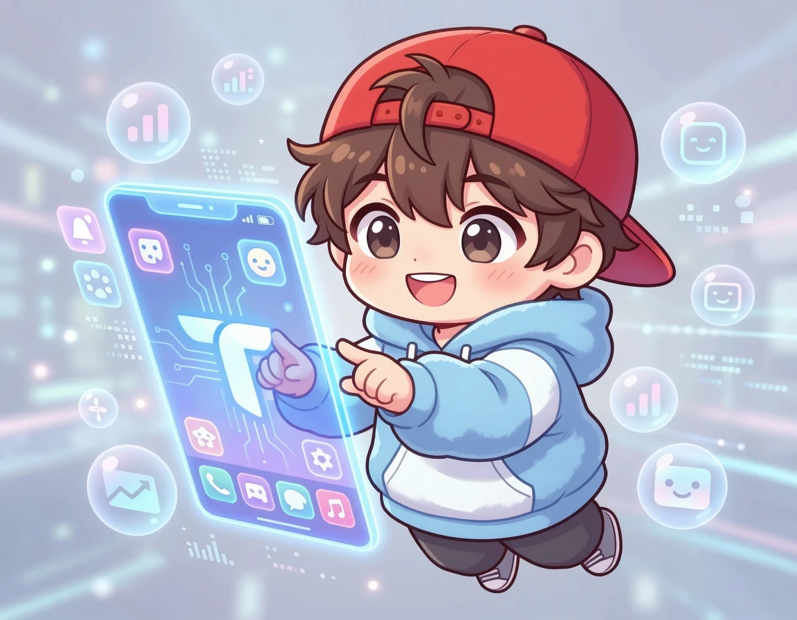 SKT T월드 앱을 통해 요금제를 변경하는 귀여운 캐릭터