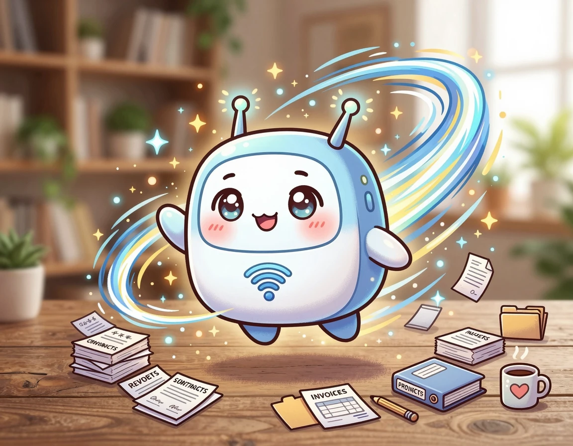 빠른 속도선을 가진 귀여운 인터넷 공유기와 비즈니스 문서들