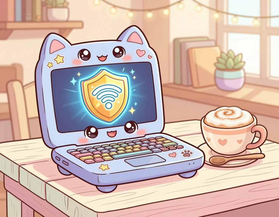 방패 모양과 와이파이 기호가 떠 있는 귀여운 노트북과 라떼
