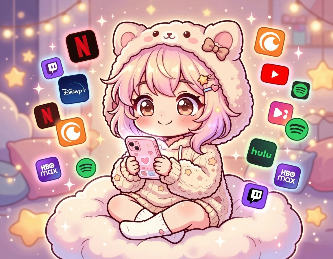 당신의 U+ 앱으로 OTT 결합 요금제로 변경하는 귀여운 캐릭터