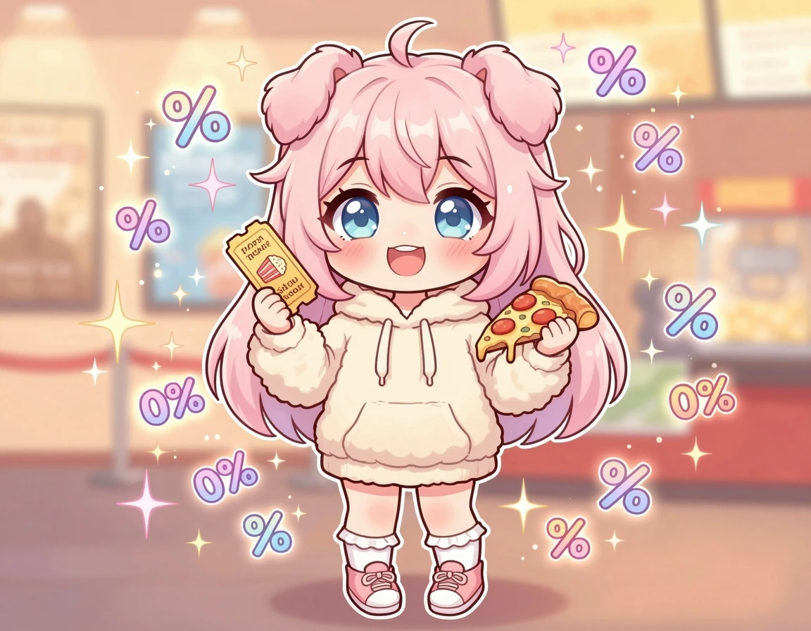 영화 티켓과 피자 조각을 들고 기뻐하는 귀여운 캐릭터