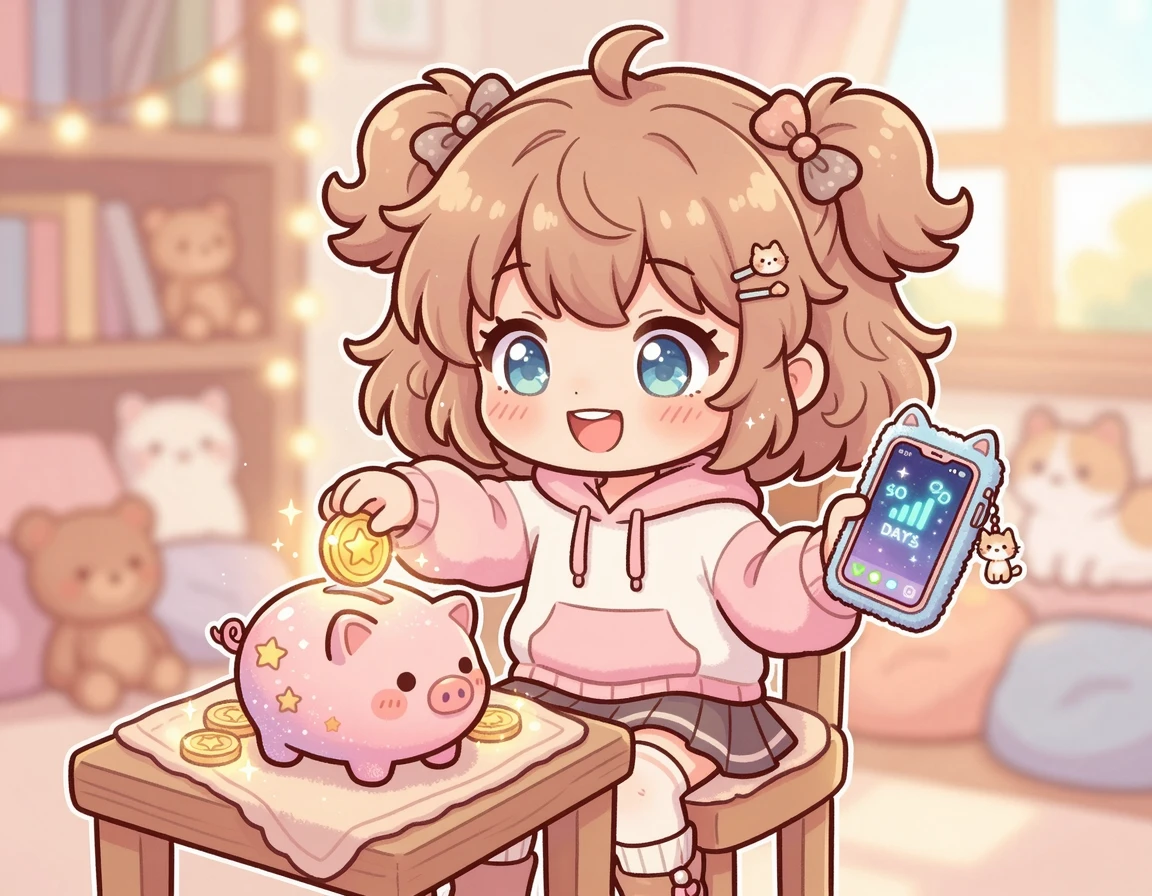 돼지저금통에 동전을 넣으며 데이터 충전을 하는 귀여운 캐릭터