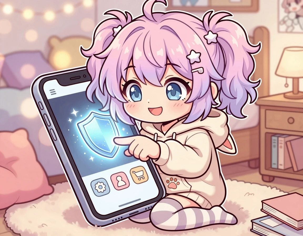 스마트폰에 방패 아이콘을 누르는 귀여운 캐릭터