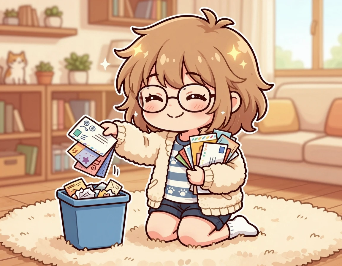 편지 봉투를 휴지통에 정리하는 똑똑한 이미지의 SD 캐릭터