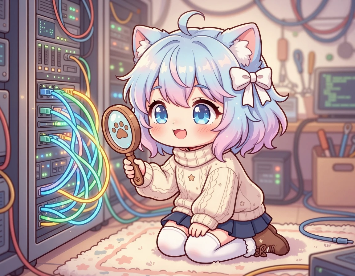 네트워크 선을 살펴보는 귀여운 캐릭터