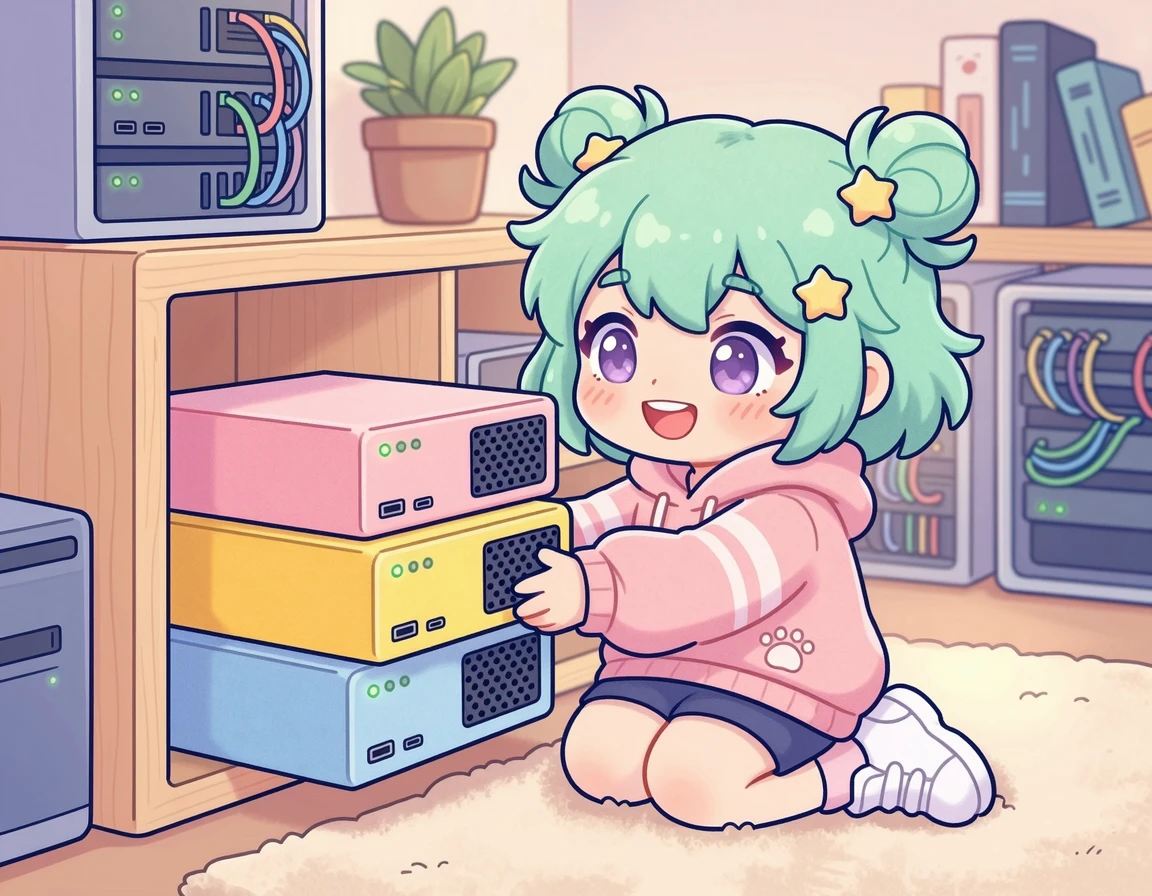 서버 블록을 조립하며 네트워크를 설정하는 귀여운 캐릭터