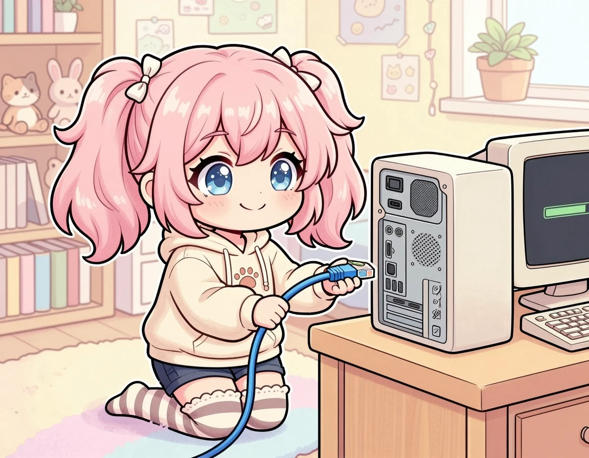 랜선을 컴퓨터에 연결하며 뿌듯해하는 귀여운 캐릭터