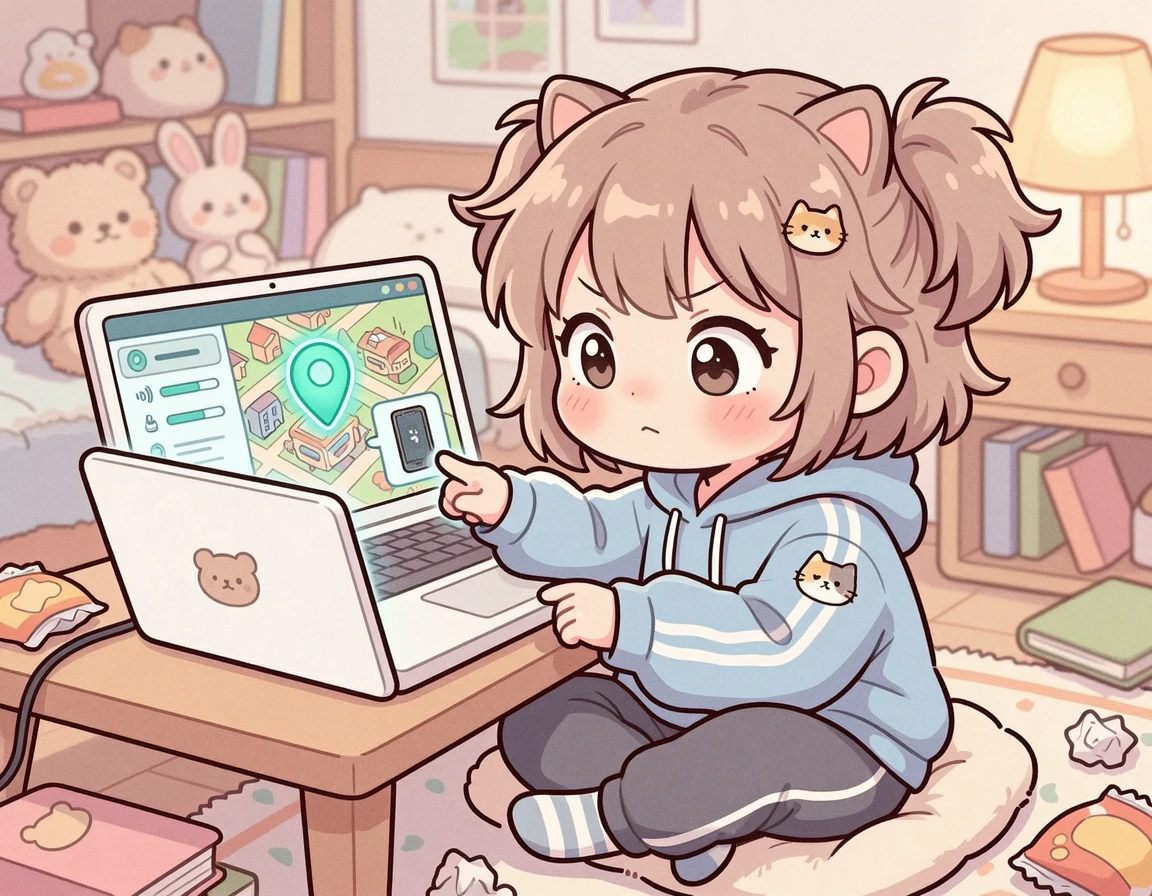 노트북으로 지도를 보며 잃어버린 스마트폰 위치를 찾는 캐릭터