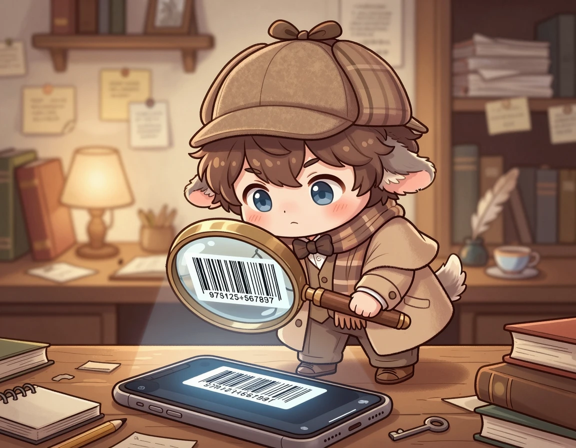 돋보기로 스마트폰 화면의 바코드를 확인하는 탐정 캐릭터