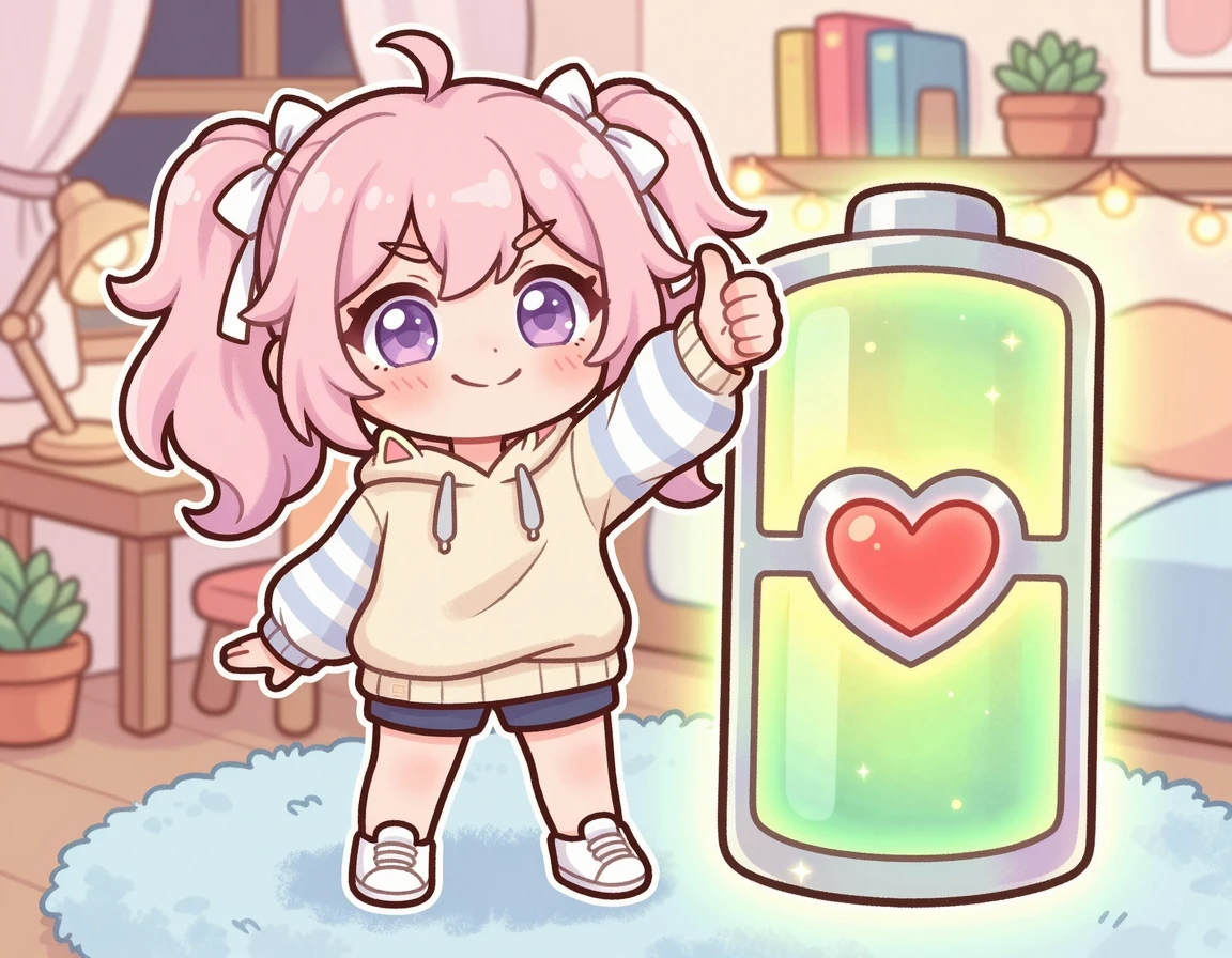 건강한 배터리 아이콘 옆에서 엄지를 치켜세운 캐릭터