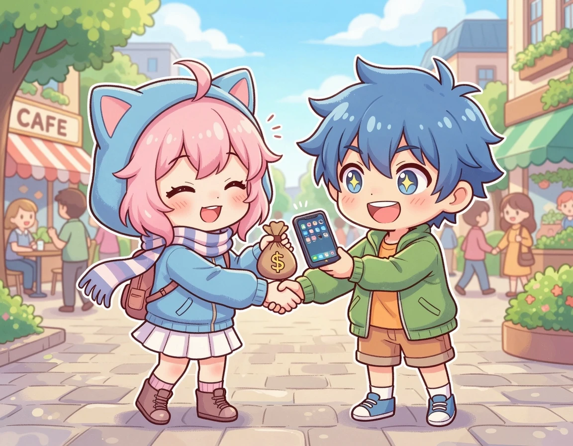 밝은 장소에서 웃으며 스마트폰을 거래하는 두 캐릭터